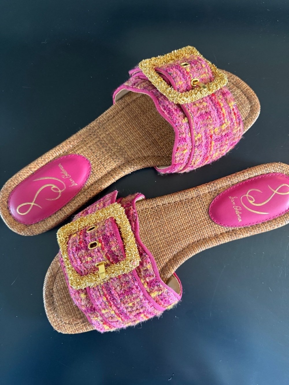 Sam Edelman Bambi 2 Pink Tweed Slide Sandals with Gold Buckles - Picture 2 of 12